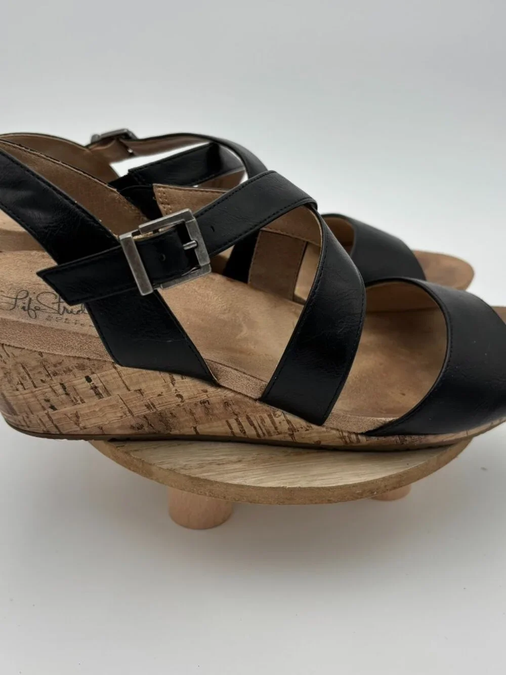 LifeStride Maple Black Faux Leather Strappy Slingback Cork Wedge Sandals 9W